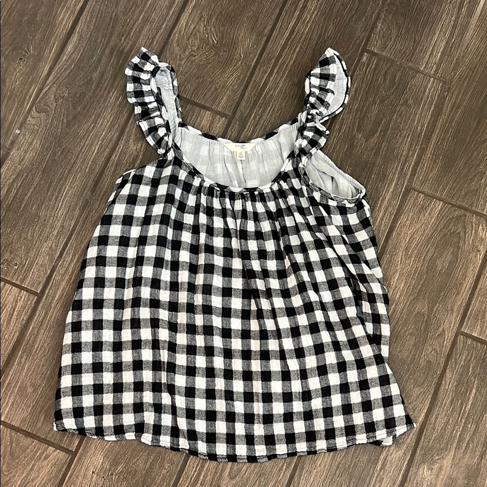 Terra & Sky Black and White Blouse with Ruffle Neckline
